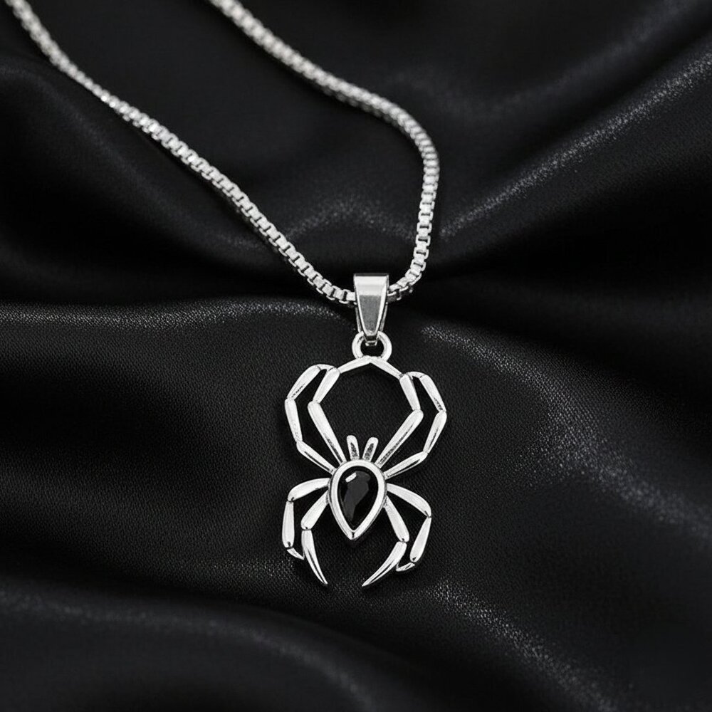 Silver Spider Pendant with Simulated Black Zircon Stone Fashion Necklace NWOT - Picture 3 of 5